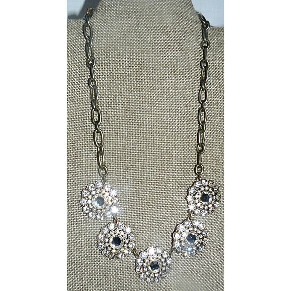 J. Crew Jewelry - J.Crew Crystal Station Statement Necklace Gold-Tone Floral Rhinestone Clusters
